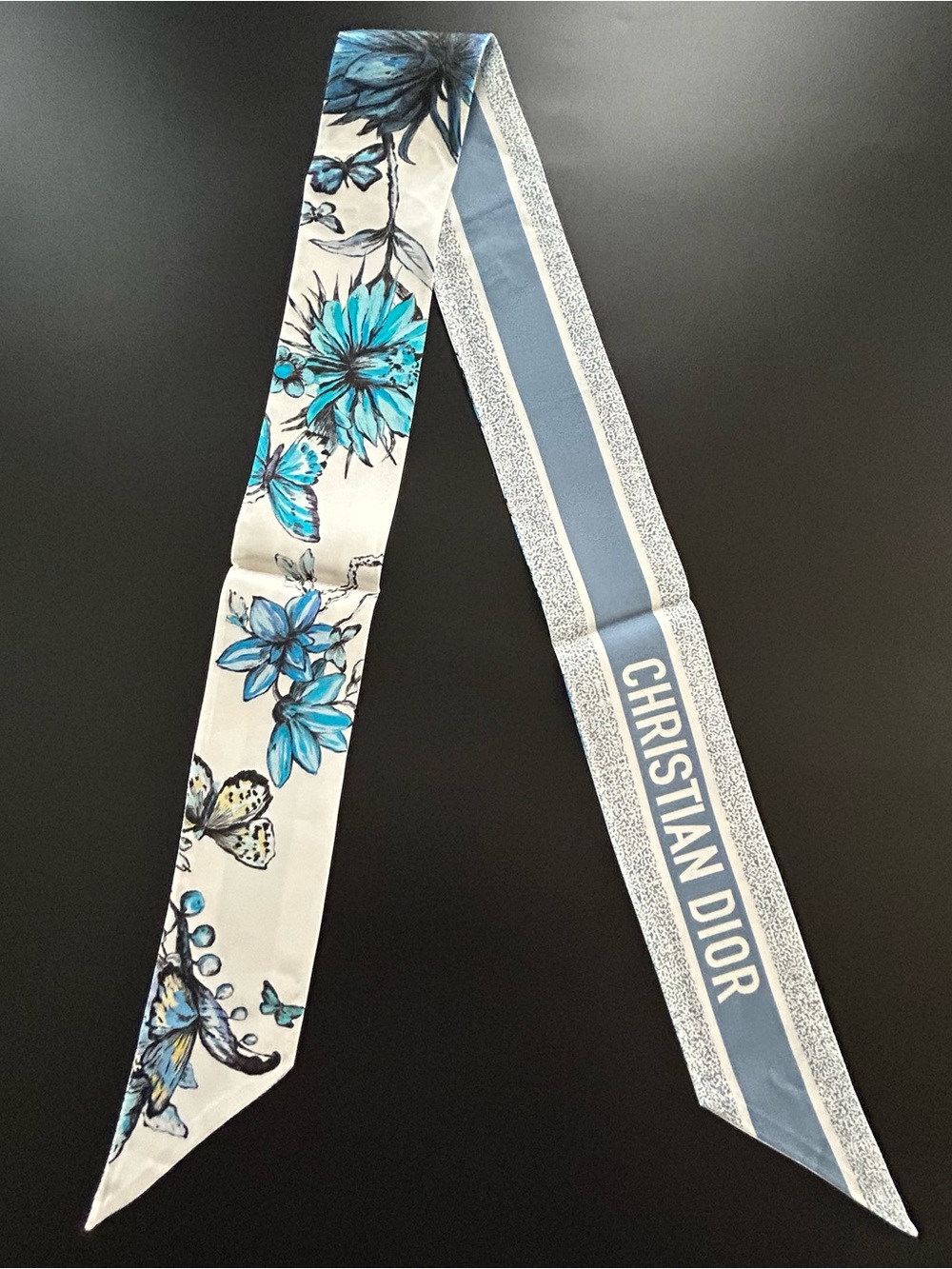 Christian Dior Blue Floral Silk Scarf
